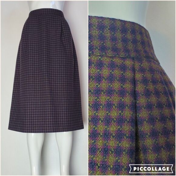 Vintage 80s Leslie Fay Olive Navy Purple Plaid Wool Midi Skirt - Picture 1 of 7